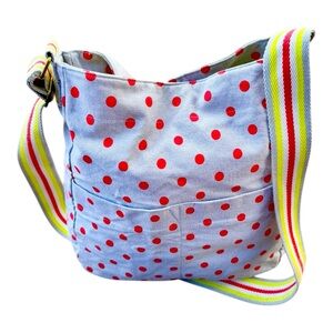 GAP, Gray Canvas Crossbody Tote Bag with Bright Red Polka Dots